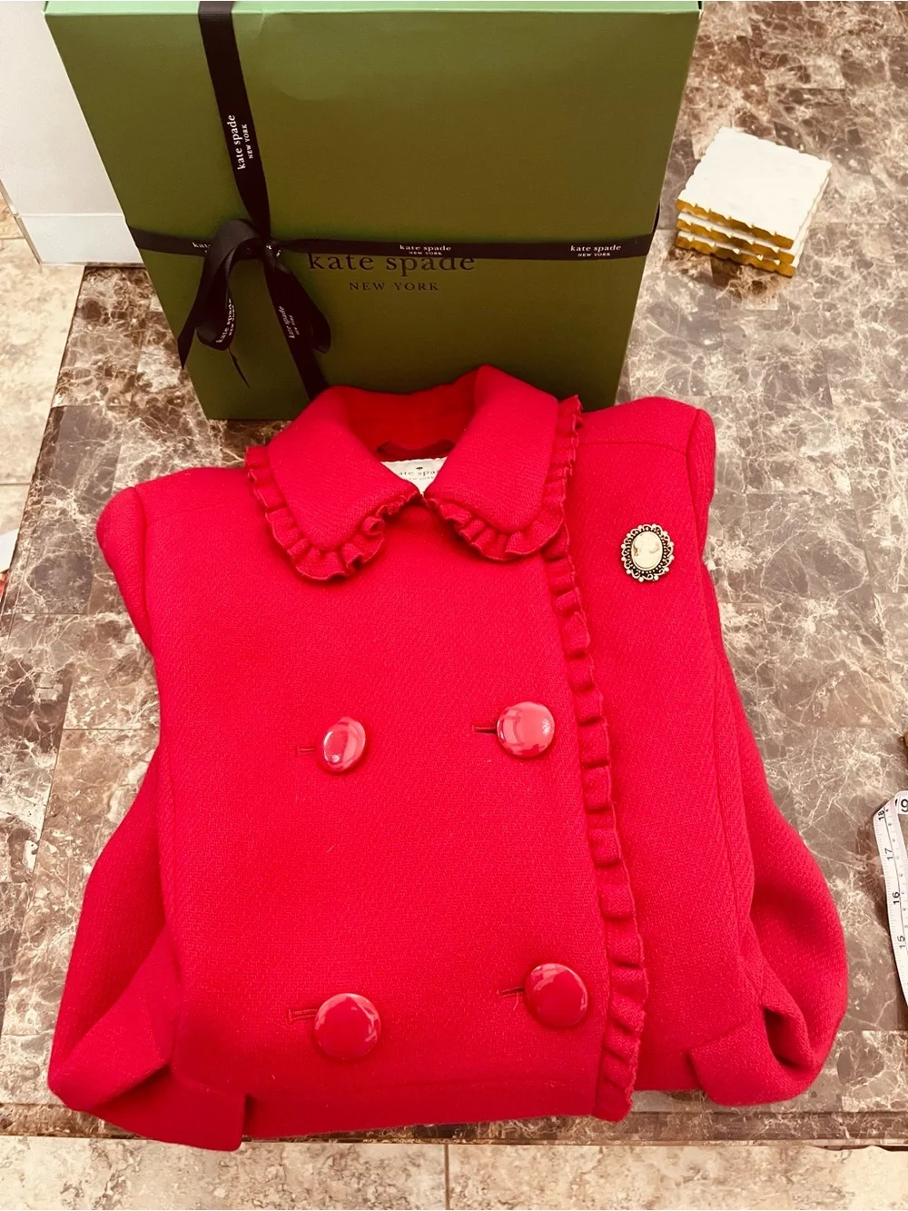 Kate Spade New York RUFFLE TRIM BOW BACK COAT IN CHARM RED